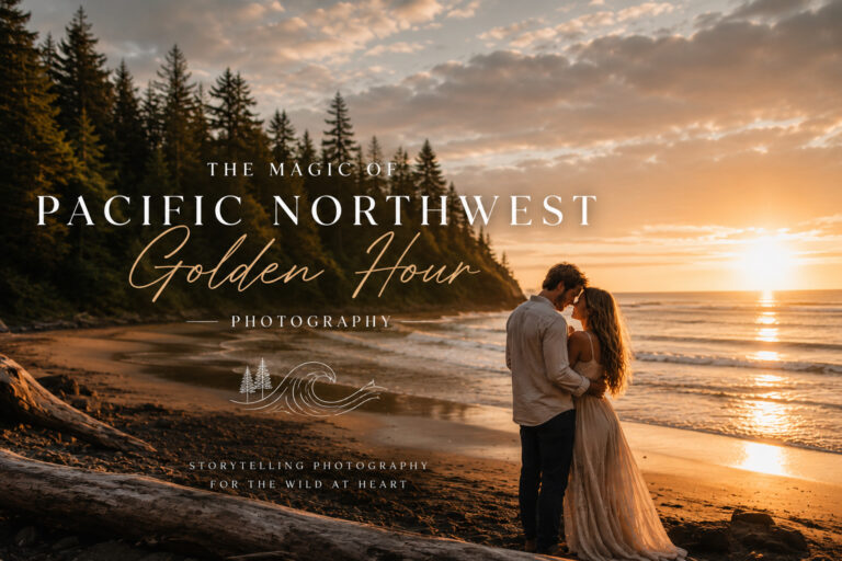 Couple standing on a Pacific Northwest beach during golden hour photography session